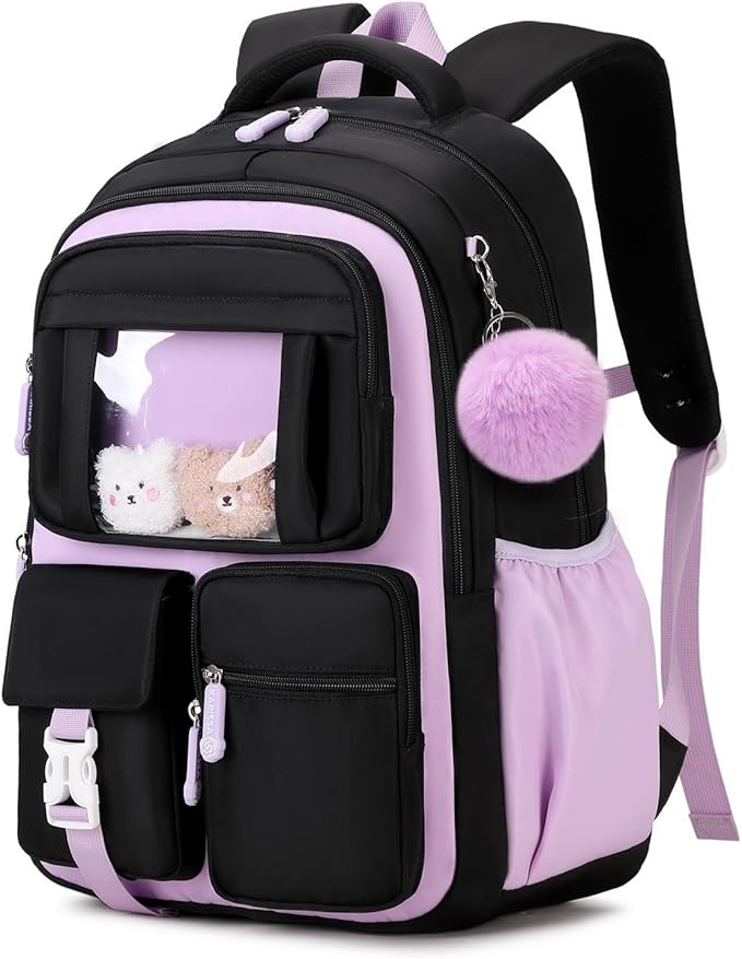 Kids Backpack for Girls School Bags for Middle School Students Book Bag for Elementary Primary Kawaii Ita Backpack, Black and Purple