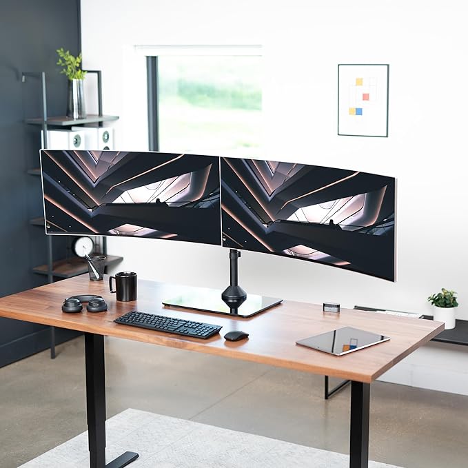 VIVO Freestanding Dual Ultrawide Monitor Stand with Sleek Glass Base and Adjustable Arms, 2 Screens up to 38 inches and 22 lbs Each, Black, STAND-V038FG