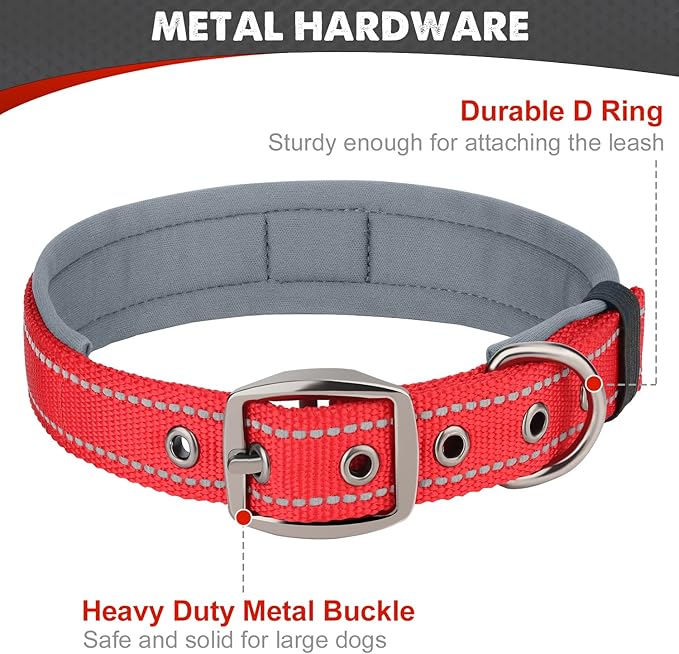 Joytale Dog Collar for Large Dogs, Neoprene Padded and Adjustable, Reflective Wide Heavy Duty Pet Collars with Durable Metal Belt Buckle for Walking, Red, L