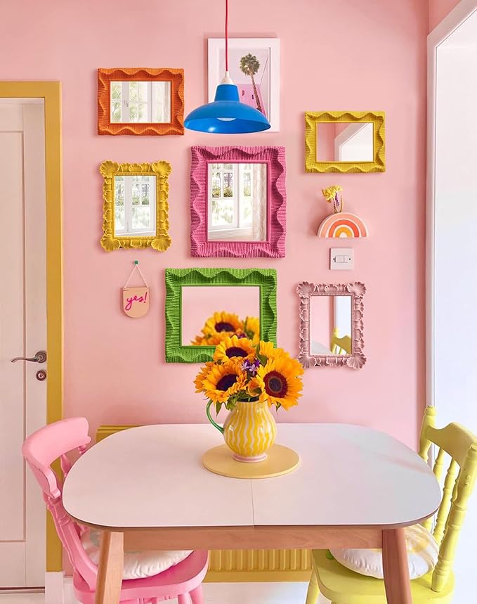 Cute Wall Mirror Decor for Girls Bedroom Dressing Room, 14x12 Wavy Decorative Wall-Mounted Mirror for Hallway Entryway Home Office, Funky Framed Vanity Mirrors As Photo Backdrop (Rose Pink)