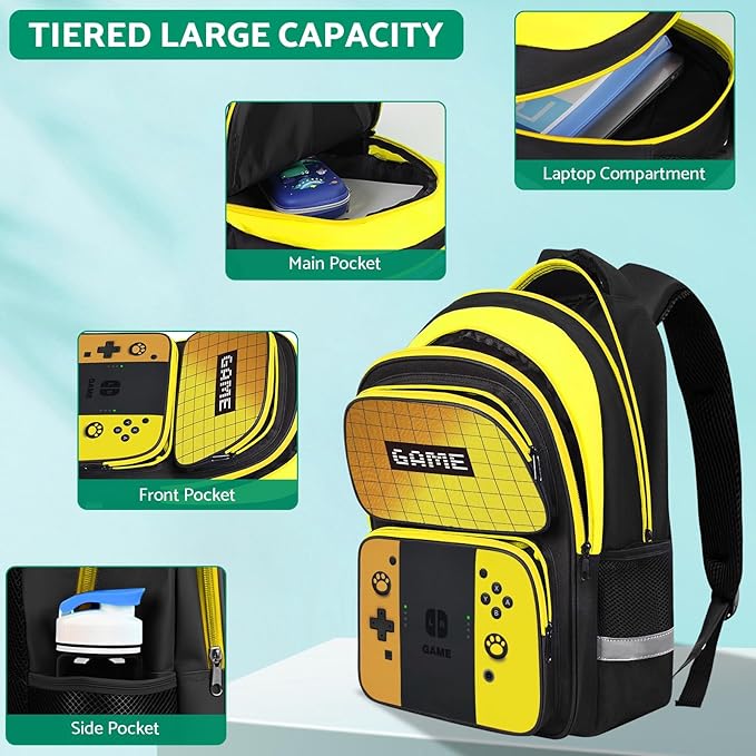 Kids Backpack For Boys，Gamer Boys Backpack For Children Teens Elementary Middle School, 17″ Students Bookbag