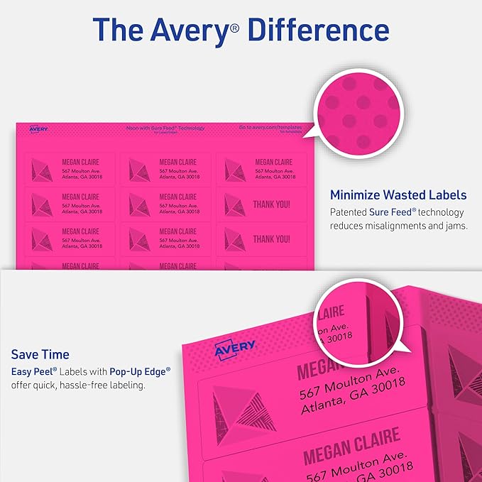 Avery Printable Labels with Sure Feed, 2" x 4", Assorted Neon Colors (Green, Magenta, and Yellow), Removable Adhesive, Laser & Inkjet Compatible, 120 Blank Labels per Pack (5-Pack of 6481)