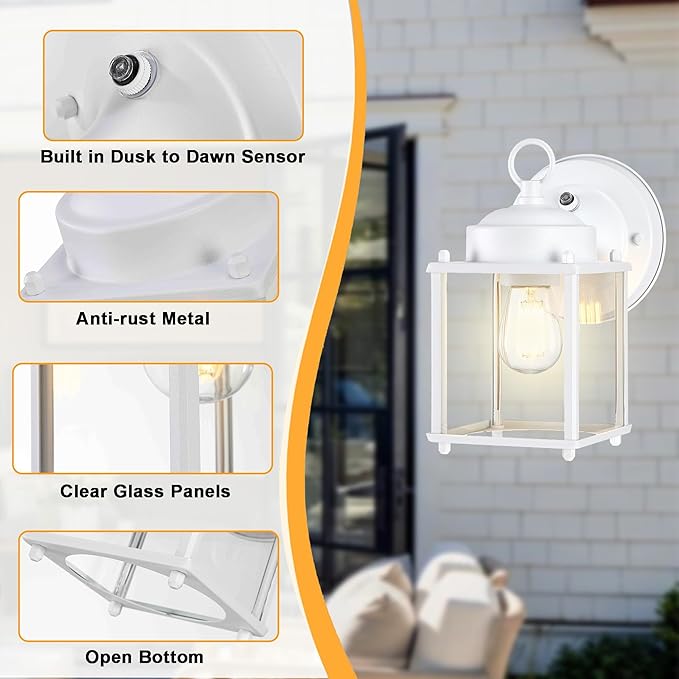 Dusk to Dawn Outdoor Wall Lantern, Modern Exterior Light Fixtures, Waterproof Front Door Wall Lighting with Clear Glass, White Outdoor Wall Lights for House, Garage, 4-Pack