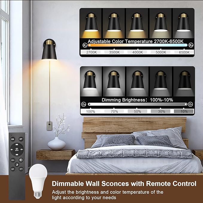 Wall Sconce Plug in, Remote Control Dimmable Wall Sconces and Adjustable Color Temperature 2700K-6000K Wall Lights with Plug in Cord, Wall Mounted Light for Bedroom Bedside(2 Pack, 2 Bulbs)