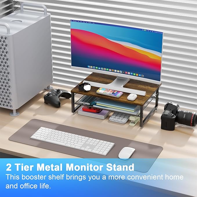 gianotter 2-Tier Metal Monitor Stand Riser, Desk Organizer for Monitor, Office Desk Storage Organizer for Office Supplies (Wood)
