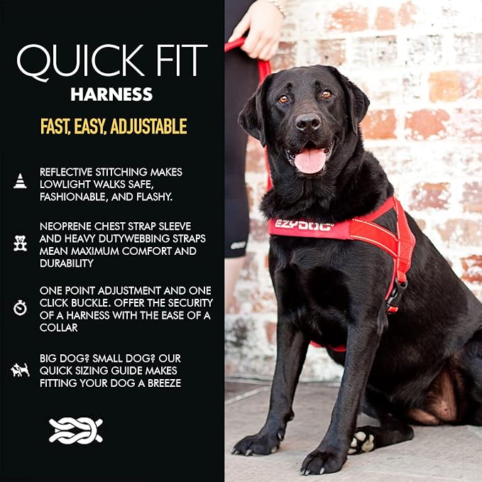 EzyDog Quick Fit Dog Harness ??No Pull Harness for Training, Everyday Walking, and Easy Control - Adjustable Fit, Reflective, and Padded (X-Large, Red)