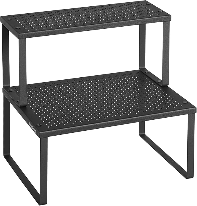 SONGMICS Spice Racks, Set of 2 Metal Cabinet Shelf Organizers, Countertop Organizers, Shelf Risers, Stackable, Expandable, Ink Black UKCS005B01