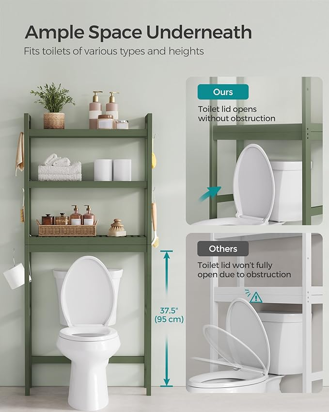 SONGMICS Over The Toilet Storage, 3-Tier Over Toilet Bathroom Organizer with Adjustable Shelf, 10.2 x 24.8 x 66.9 Inches, Space-Saving, Forest Green UBTS001C01