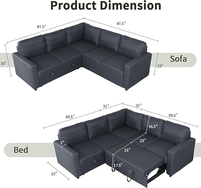 83" Pull Out Sleeper Couch with Storage Chaise, Couch, Sofa Bed, Convertible L Shaped Sofa for Living Room, Apartment, Black Grey