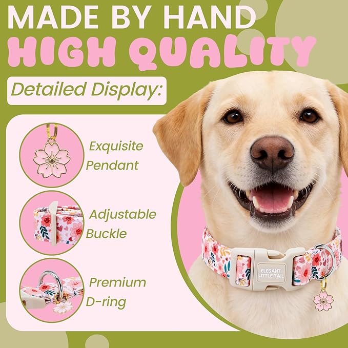 Elegant little tail Dog Collar, Pink Flower Print Spring Soft Cotton Puppy Collars Adorable Female Pet Gift Lightweight Plastic Adjustable Dog Collar for Large Dogs