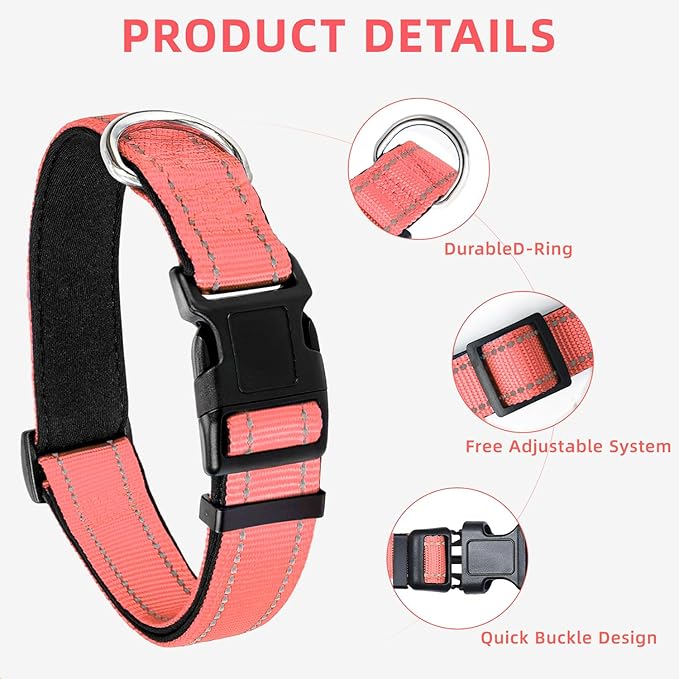 Reflective Dog Collar for Extra Large Dogs, Adjustable Collar with Soft Neoprene Padded, Durable Buckle for Daily Walking,Neon Pink,XL