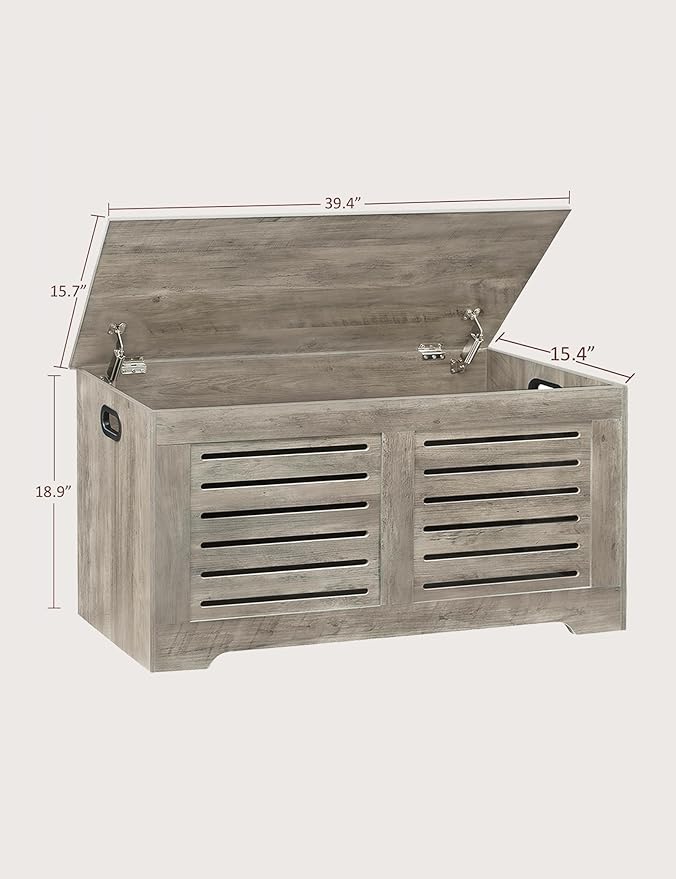 DINZI LVJ Storage Chest, 39.4”Wooden Toy Box with 2 Safety Hinges, Retro Entryway Shoe Storage Bench with Flip-Top, Sturdy Large Storage Trunk for Living Room, Bedroom, Easy Assembly, Gray Wash