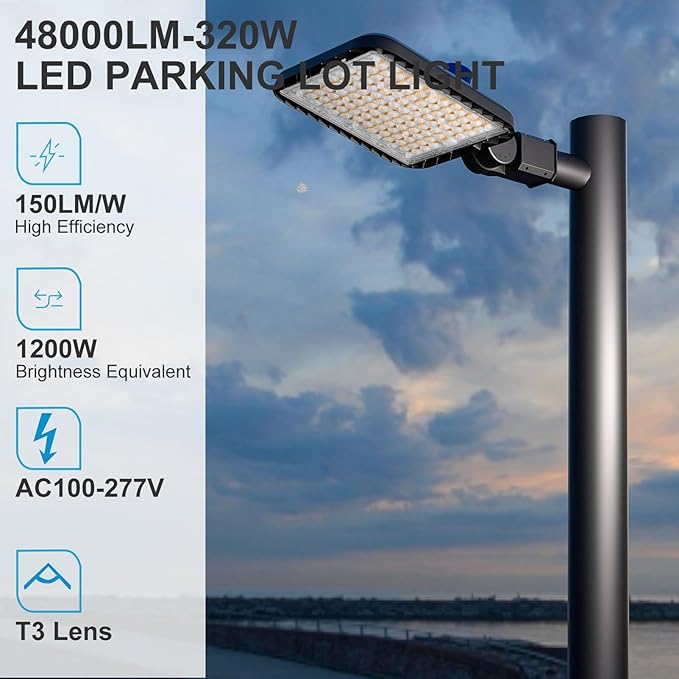 320W(150Lm/W) LED Parking Lot Lighting 48000Lm 5000K LED Parking Lot Lights Outdoor Pole Mount with Smart Photocell IP65 SlipFitter Mount for 30~50Ft Height Yard,Parking Lot,Driveway-4Pack