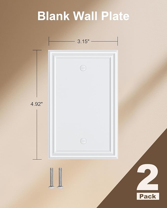 2-Pack Single Blank Wall Plates, Durable Solid Zinc Alloy Blank Outlet Covers, Decorative Pure White Wall Plate Cover for Unused Outlets/Switches, Corrosion Resistant