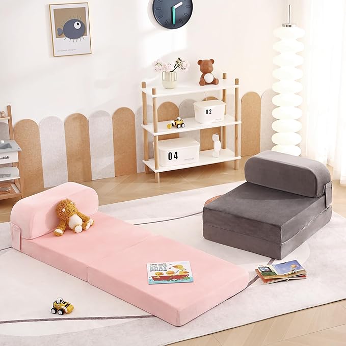 Tiita Folding Sofa Bed for Kids, Toddler Fold Out Couch Bed with Removable Cover, Kids Futon Sleeper Chair Folding Bed Mattress for Kids Room, Living Room, Guest Room,Gray