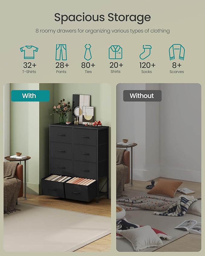 SONGMICS Dresser for Bedroom, Chest of Drawers, Steel, MDF, 8 Non-Woven Fabric Drawers, Storage Organizer Unit, Closet, Entryway, Ink Black and Ebony Black LGS124B01S