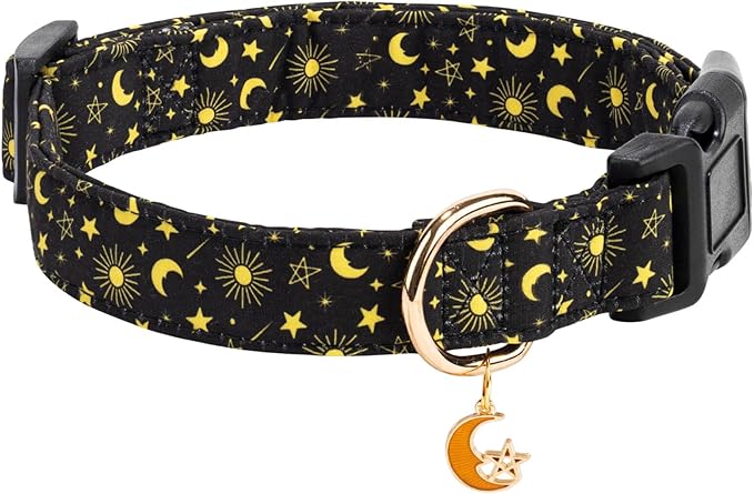 Cotton Dog Collar,Adjustable Cute Puppy Collar with Moon Patterned Design for Small Medium Large Dogs,Soft and Fancy Pet Collar with Safety Buckle for Girl Boy Dogs (Yellow Moon, L)
