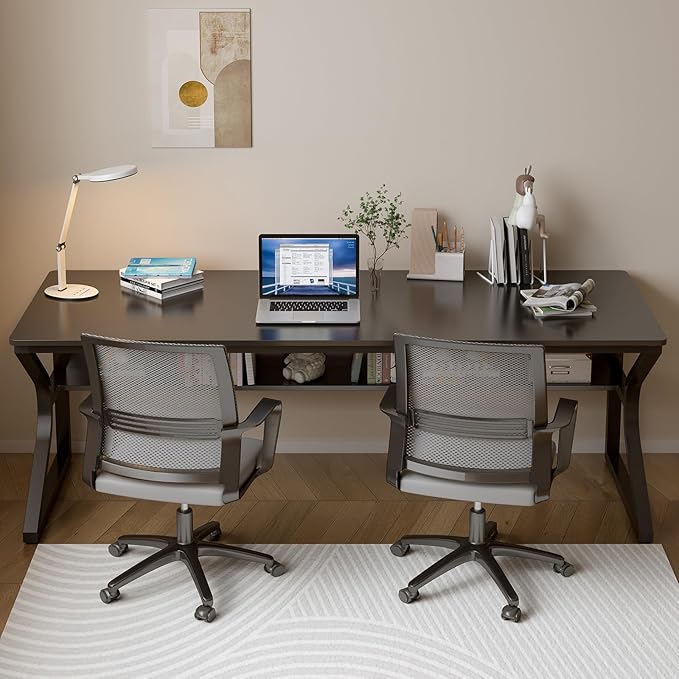 Extra Long Desk with Bookshelf - 71" Double Long Writing Table for 2-Person Workstation, Modern Study Work Computer Desk for Home and Office, Black