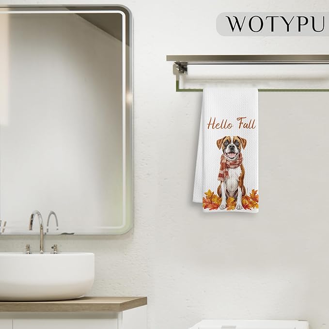 Fall Boxer Kitchen Towels, Boxer Lover Gifts Dish Tea Towel for Kitchen Decor, Farmhouse Fall Autumn Maple Leaf Dog Hand Towels for Bathroom Decor,16X24 Inch