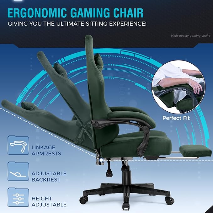 GTPLAYER Gaming Chair Fabric with Pocket Spring Cushion, Big and Tall Gamings Chairs 350LBS High Back Computer Chair with Footrest for Adults Lumbar Support Swivel Game Chair for Office Gaming Green