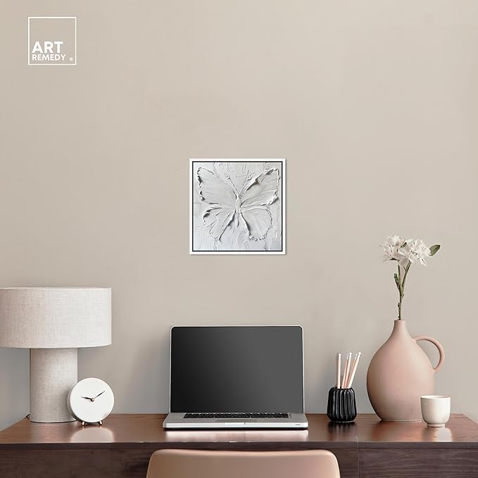 Art Remedy White Butterfly Canvas Elegant White Gold Wall Art, White Frame, 12" x 12"