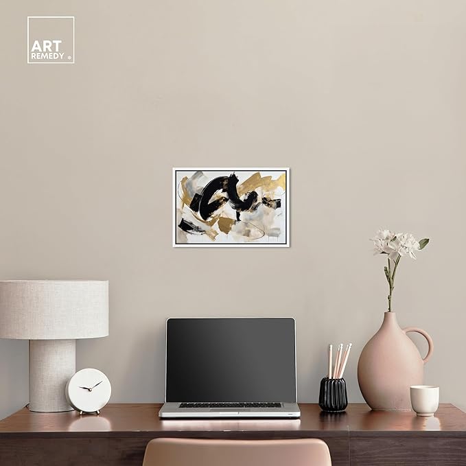 Art Remedy Moved Abstraction Canvas Modern Black White Abstract Wall Art, White Frame, 15" x 10"