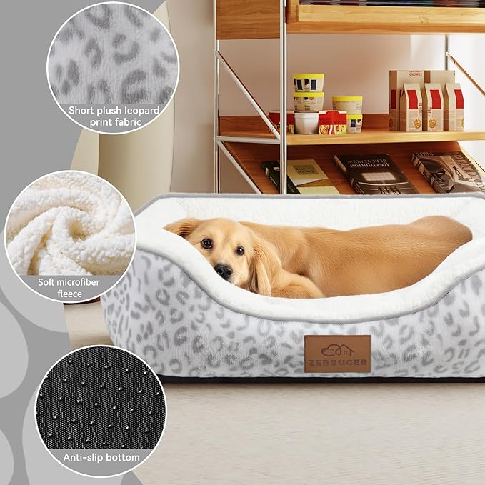 Rectangle Cat Dog Bed for Large Medium Small Pets Indoor Outdoor Machine Washable Sleeping Sofa Non-Slip Bottom Soft Puppy Bed Durable Orthopedic Calming Pet Cuddler (Medium, White Leopard)