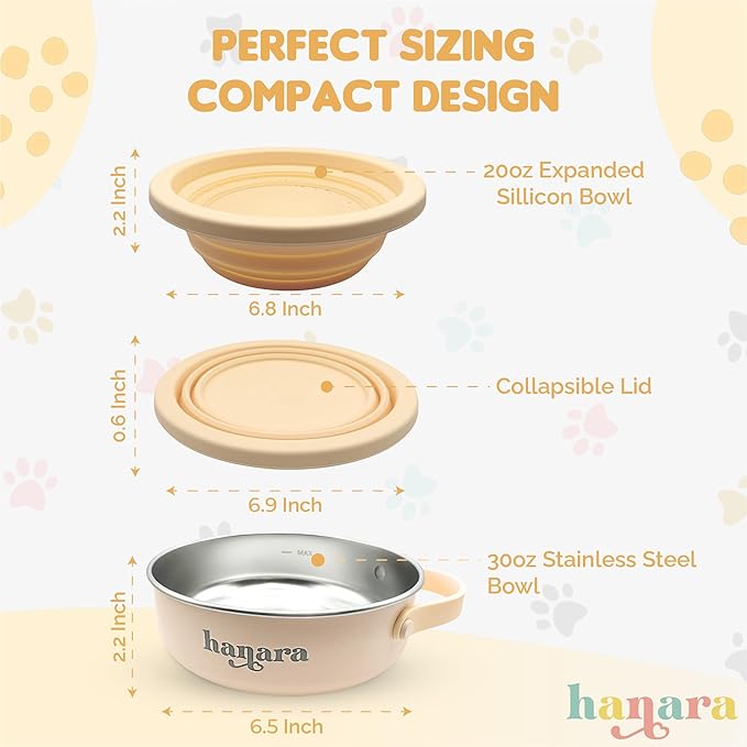 HANARA 2-in-1 Insulated Dog Bowl with Collapsible Lid & Handle ??Stainless Steel, Non-Slip Rubber Base ??Portable Pet Water & Food Bowl for Dogs & Cats ??30 OZ + 20 OZ ??Indoor & Outdoor (Beige)