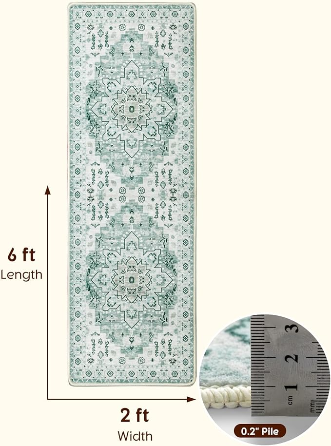 LBRO2M Boho Runner Rug 2X6 Hallway Rug Non Slip Washable Runners for Hallways, Bedroom, Kitchen Laundry Room Pet Friendly Area Rugs (2X6, Green)