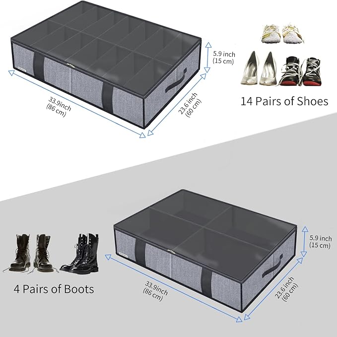 Onlyeasy Under Bed Shoe Storage Organizers for Kids and Adults Fit 14 Pairs of Shoes & 4 Pairs of Boots, Sturdy Underbed Organizer with 2 Strong Zippers and 4 Handles, Linen-like Grey, MXDUBS14S4