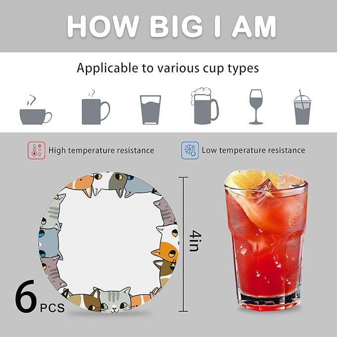 Cute Cat Dog Set of 6 Coasters for Drinks Absorbing Round Ceramic Stone Coaster with Cork Base,Tabletop Protection Mat for Mugs and Cups,Office,Kitchen
