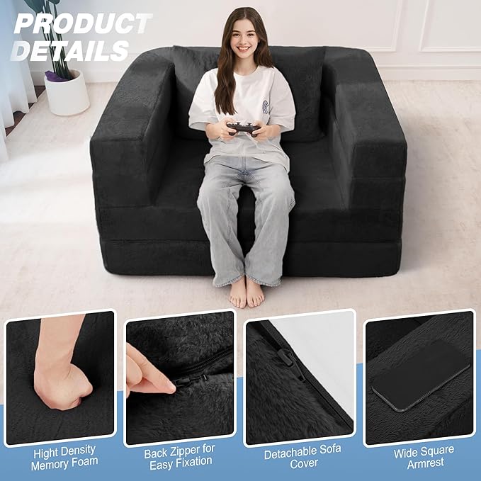 Futon Sofa Bed with Pillow, 3-in-1 Sleeper Sofa Bed with Removable Cover, Convertible Floor Sofa Bed, No Assembly Boneless Couch for Living Room, Bedroom