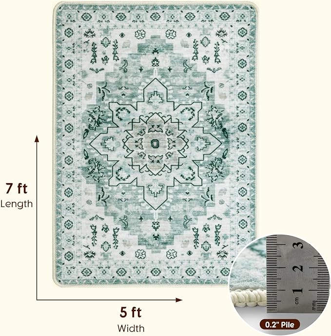 LBRO2M Boho Area Rug 5X7 Washable Rugs for Bedroom Low Piles Indoor Carpet, Non Slip Soft Rug for Living Room, Dining Room, Foldable Pet Friendly Area Rugs Stain Resistant (5'X7' Light Green)
