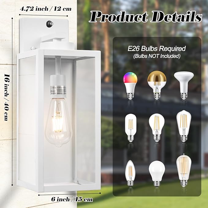 16-inch White Dusk to Dawn Outdoor Wall Light Fixtures, Exterior Waterproof Wall Lanterns, Large Porch Sconces Lighting, Modern Outside Lights for House Patio Front Door Entryway, 2-Packs