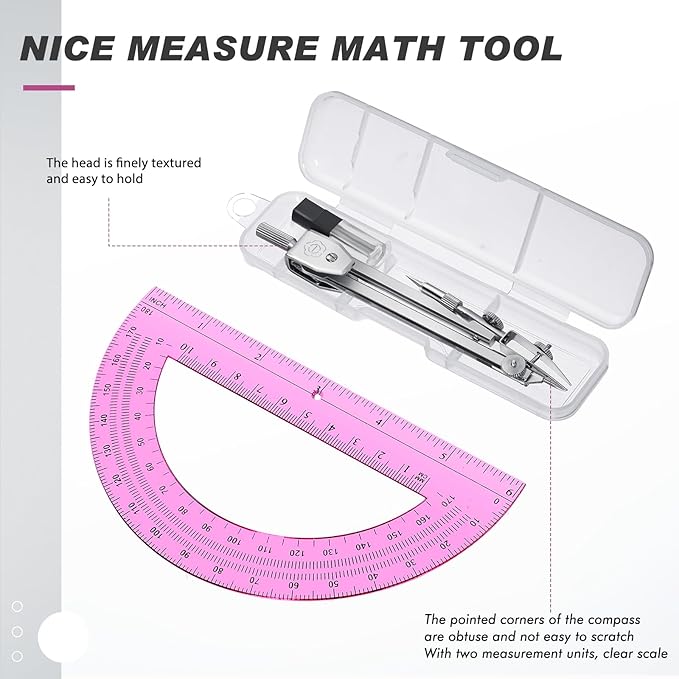 EBOOT Student Geometry Math Set, Drawing Compass and 6 Inch Swing Arm Protractor 180 Degree Math Protractor (Pink)