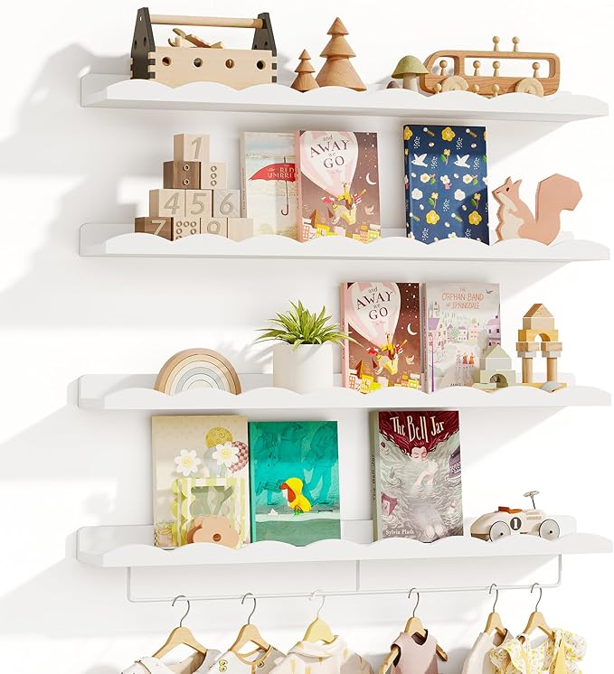 Fixwal Nursery Shelves, 24 Inch Floating Bookshelves for Wall Set of 4, Scalloped Wall Book Shelves with Towel Rack for Kids, Toddler Room, Baby Room, Nursery Decor and Storage(White)