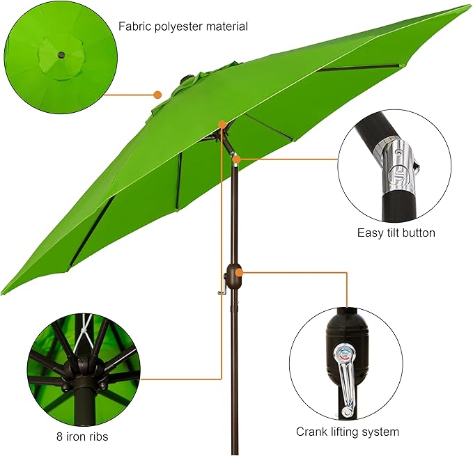 Blissun 9' Outdoor Patio Umbrella, Outdoor Table Umbrella, Yard Umbrella, Market Umbrella with 8 Sturdy Ribs, Push Button Tilt and Crank