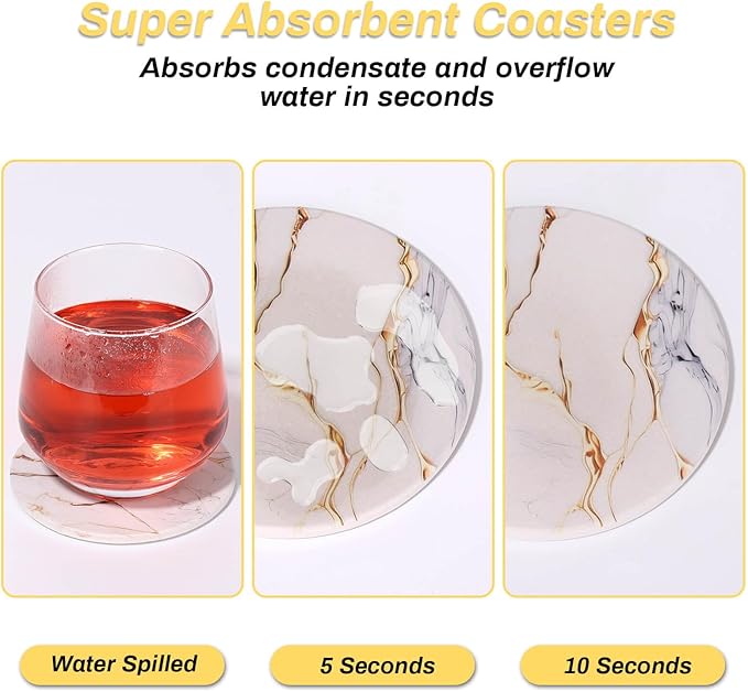 9 Pieces Ceramic Drink Coasters with Holder, Billbotk Absorbent Drink Coasters for Coffee Table, Marble Style Coasters Wooden Table, Suitable for Kinds of Cups, 4 Inches