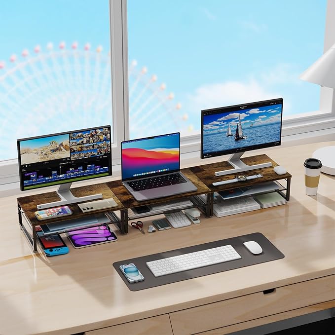 gianotter 2-Tier Metal Monitor Stand Riser, Desk Organizer for Monitor, Office Desk Storage Organizer for Office Supplies (Wood)