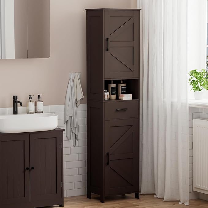 Homhedy 67" H Tall Bathroom Storage Cabinet with 2 Barn Doors and 1 Drawer, Narrow Storage Unit, Adjustable Shelves, Floor Cabinet for Bathroom, Living Room, Entryway, Kitchen, Brown, (15.7" W)