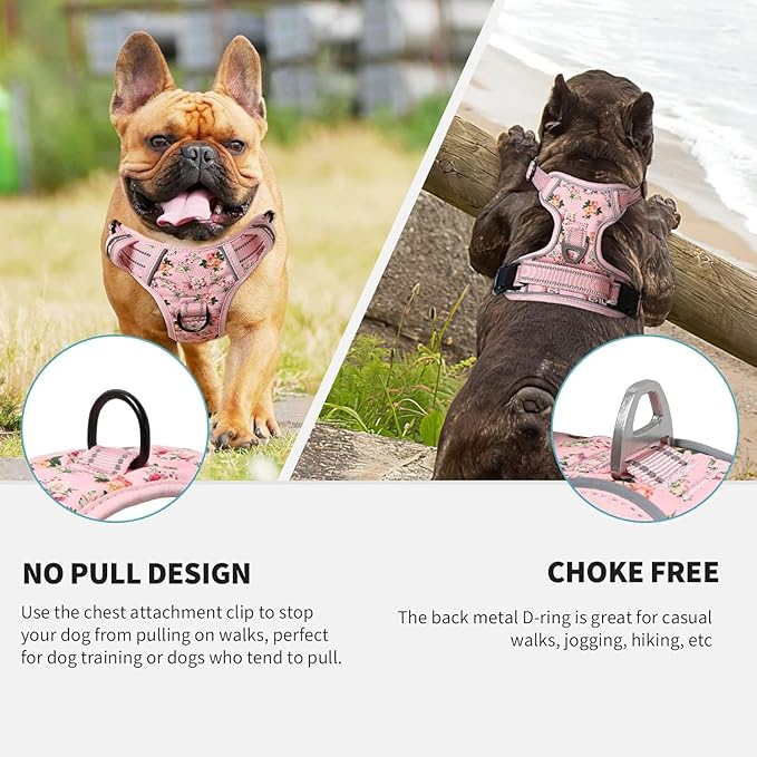 HEELE Dog Harness, No Pull Adjustable Padded Reflective Harness for Small Medium Large Dogs with Handle for Walking Training, Flower-Pink, M