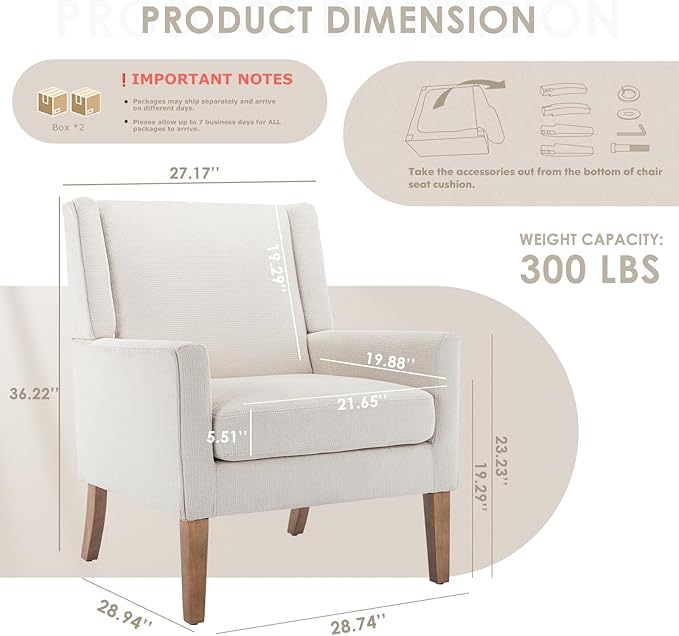 COLAMY Modern Wingback Living Room Chair Set of 2, Upholstered Fabric Accent Armchair, Single Sofa Chair with Lounge Seat and Wood Legs for Bedroom/Office/Reading Spaces, Beige