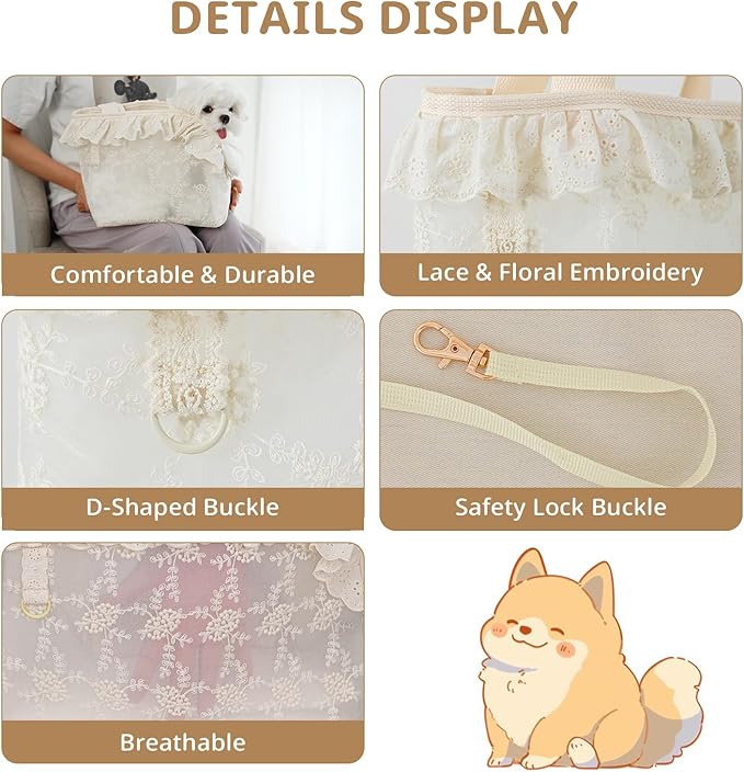 Dog Carrier for Small Dogs Rabbit cat with Lace Design, Cotton Bag, Dog Carrier Soft Sided, Collapsible Travel Puppy Carrier (Beige, 13" L x 6.7" W x 10.6" H)