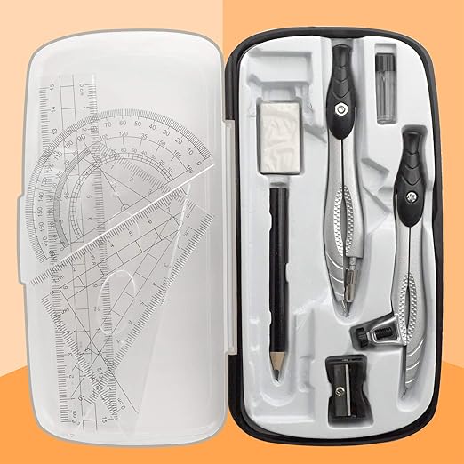 Professional Geometry Compass Set, Starter Compass Set Includes 2 Drafting Compasses, Protractor, 2 Set Squares, Ruler in Storage Box, Back-to-School Math Supplies for Students, Black