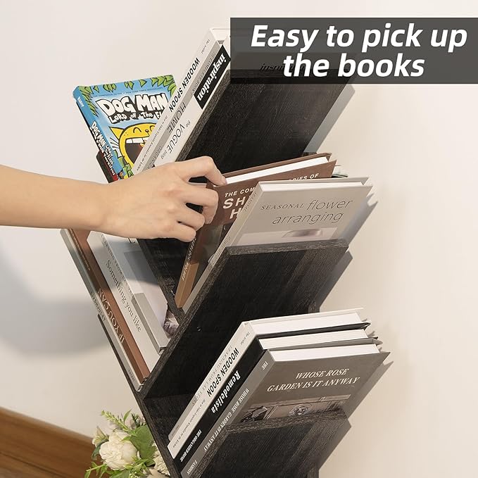 5 Tier Tree Book Shelf, Small Desktop Bookshelf with Storage Organizer, Wood Bookcase, Desk Display Bookshelves, Floor Standing Organizer Bookcases for Living Room,Bedroom,Office-Dark Grey