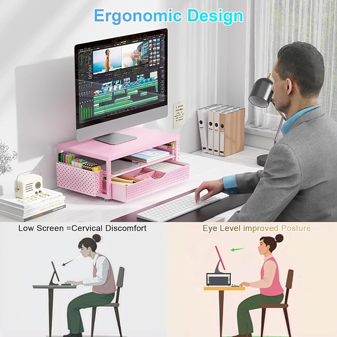 gianotter Wood Monitor Stand Riser, Desk Organizer with Drawer and 2 Pen Holders, 2-Tier Workspace Organizer for Office Supplies(Pink Wood)