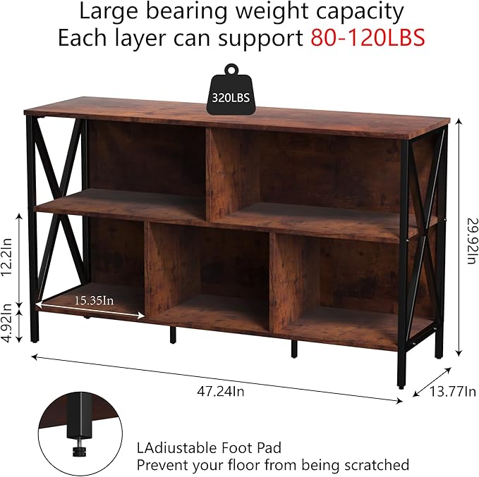 5 Cube Storage Organizer Shelf,Industrial Horizontal Bookshelf,Short Wide Cubby Bookcase,Low Large Book Shelf Metal Storage Organizer Open Shelf for Bedroom Living Room,Home,Office,47 in(Brown,5 Cube)