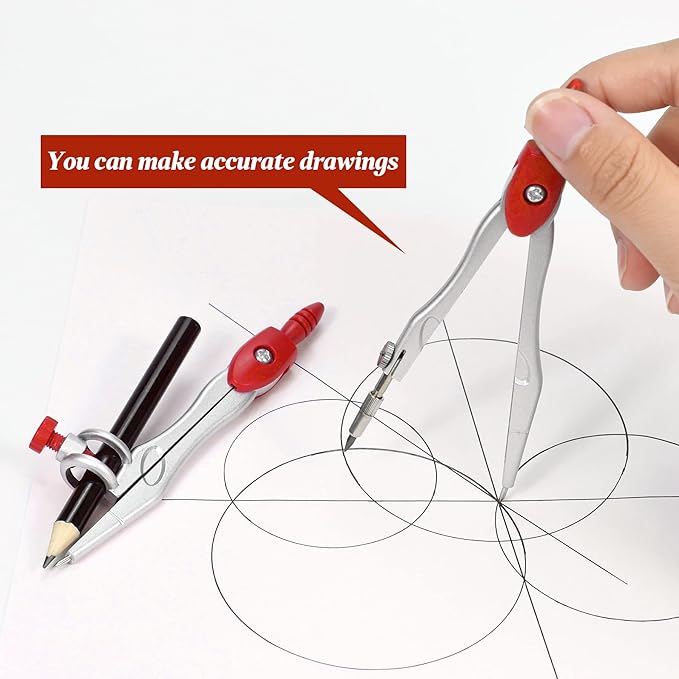 Math Geometry Kit Sets 10 Piece Student Supplies with Shatterproof Storage Box,Includes Rulers,Protractor,Compass,Eraser,Pencil Sharpener,Lead Refills,Pencil,for Drafting and Drawings（Red）
