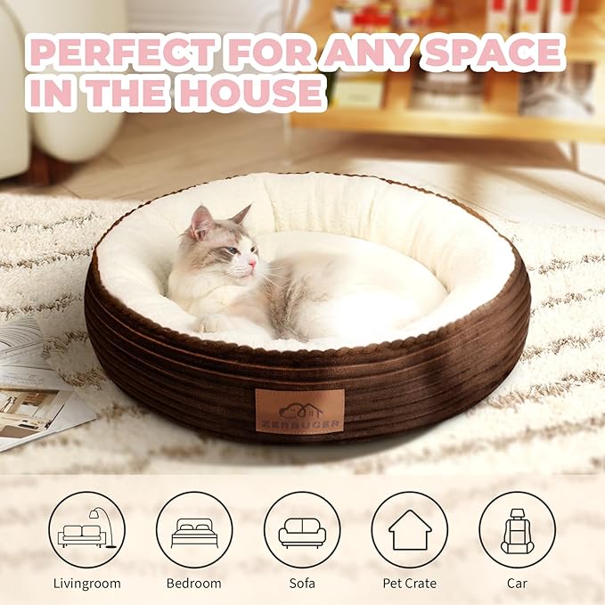 23in Round Cat Dog Bed for Large Medium Small Dogs Cats, Machine Washable Sleeping Sofa, Non-Slip Bottom Breathable Soft Calming Pet Cuddler for Indoor/Outdoor/Car/Cage, Brown