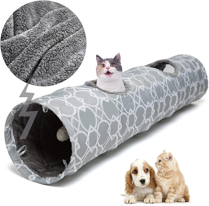 LUCKITTY Geometric Straight Cat Tunnel with Plush Inside,Cats Toys Collapsible Tunnel Tube with Balls, for Rabbits, Kittens, Ferrets,Puppy, Diameter 9.8 Inch